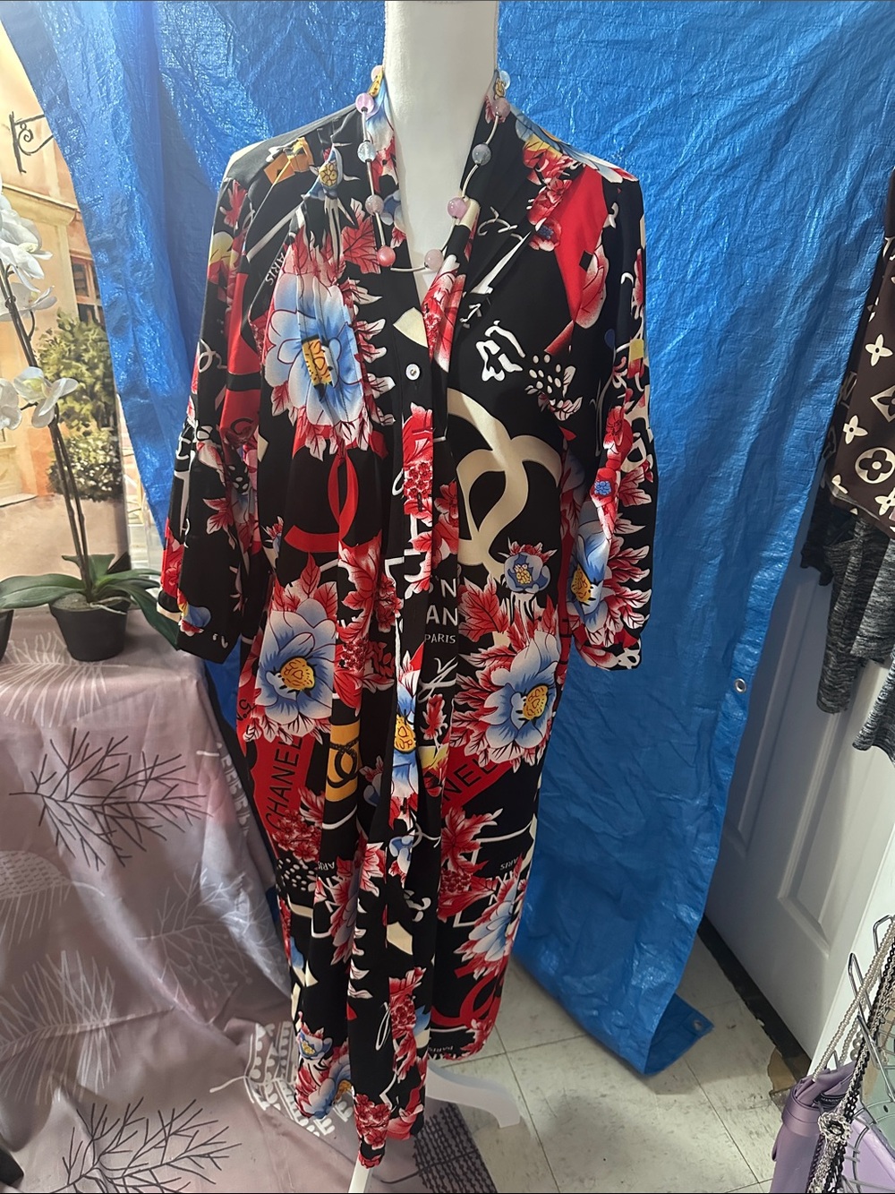 Floral Black Red Maxi Dress with Blue Accents